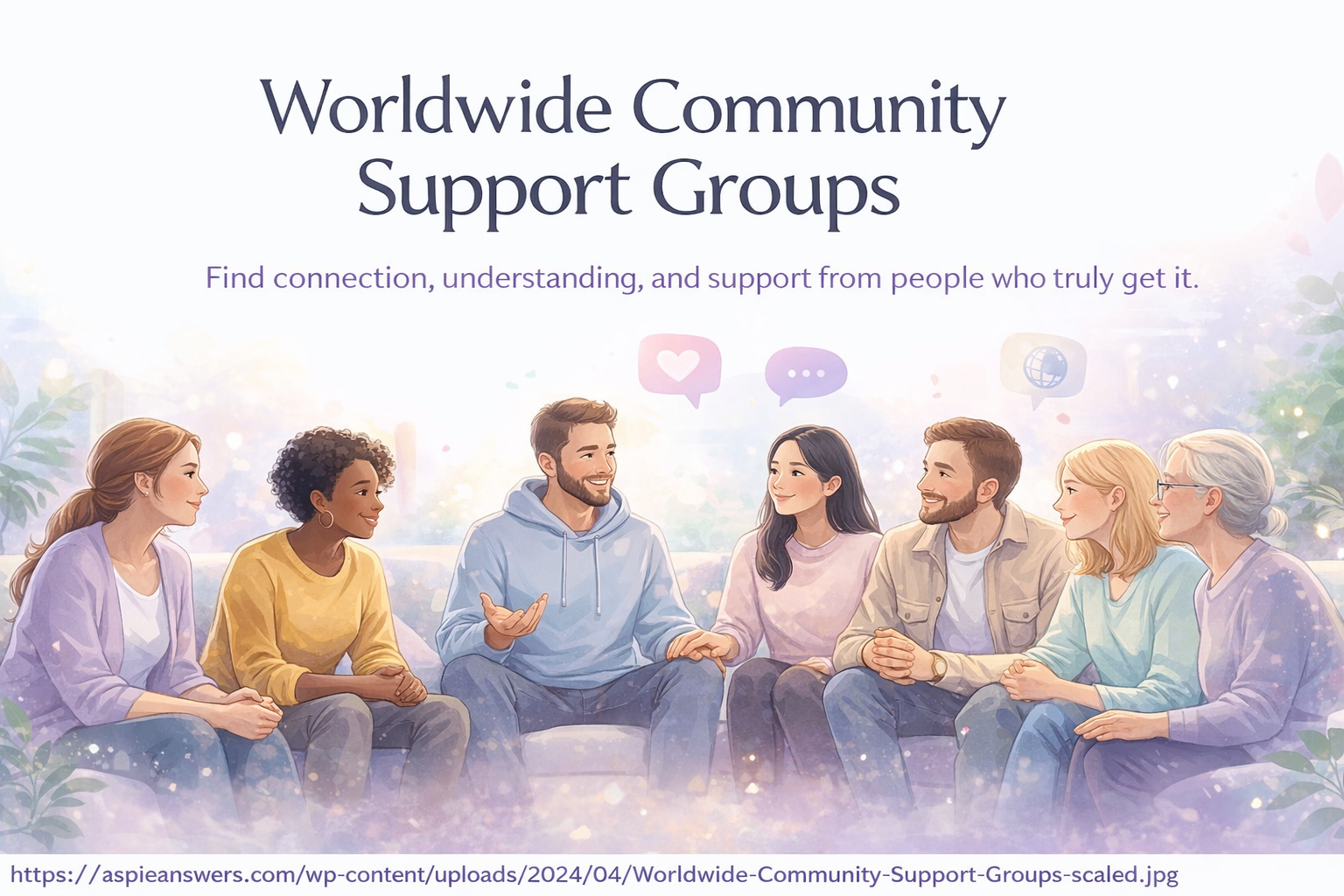 Worldwide Community Support Groups banner with semi-realistic people connecting in a supportive group setting