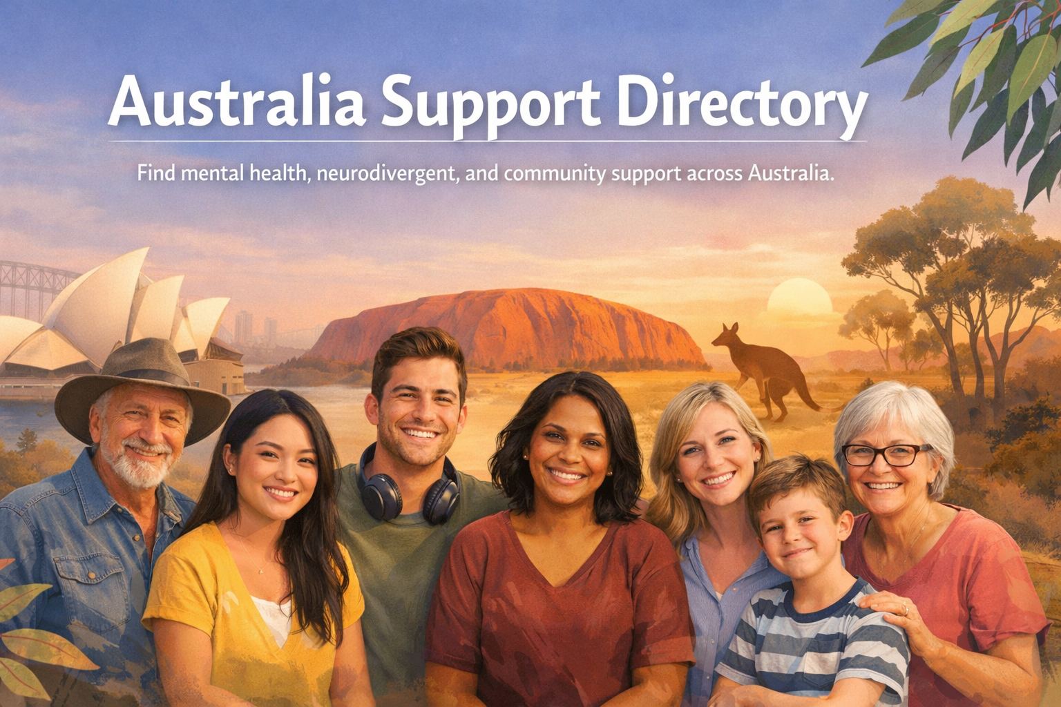 Australia Support Directory banner with semi-realistic people and Australian-themed background