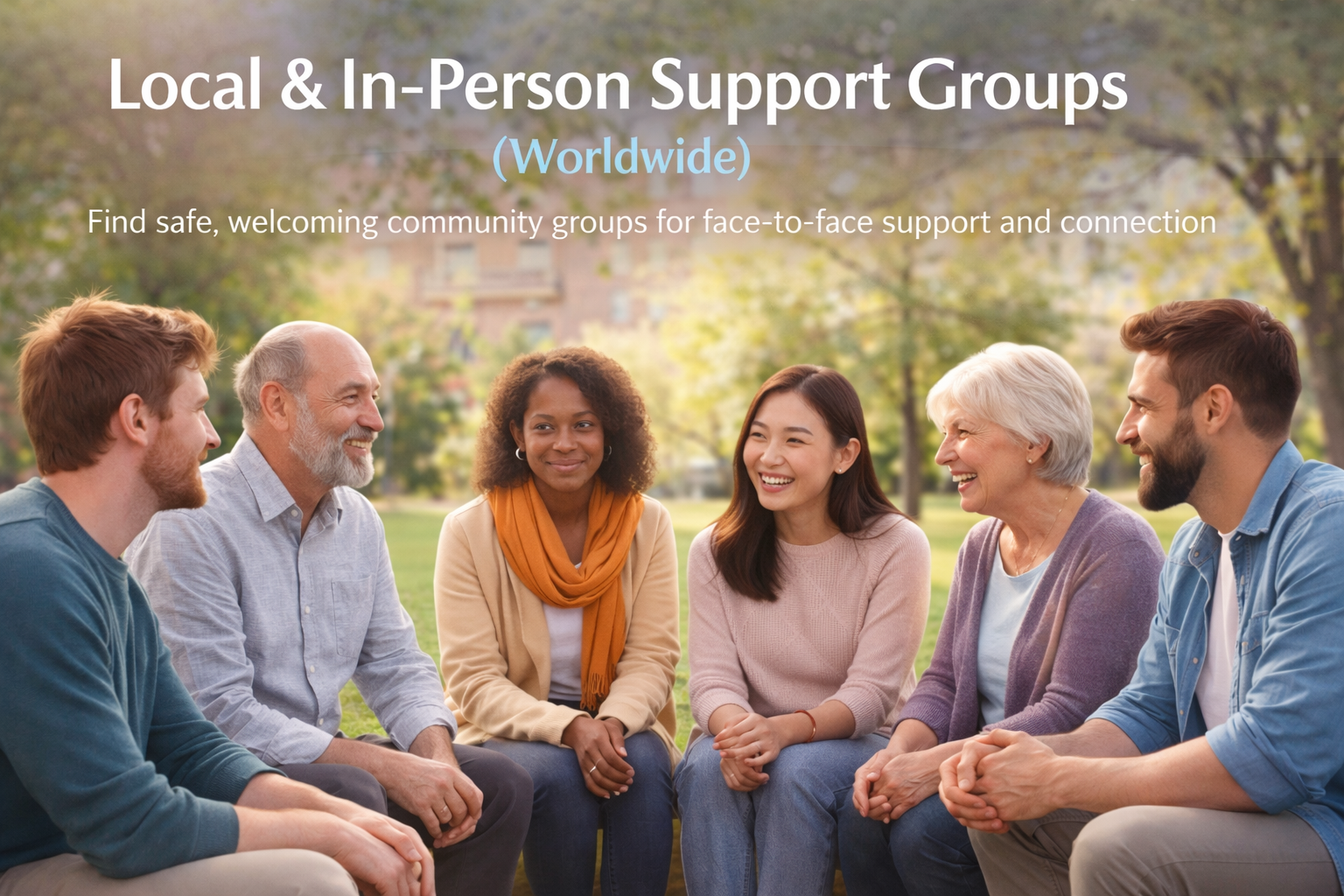 Local and in-person support groups worldwide banner showing semi-realistic people meeting together in a welcoming outdoor setting