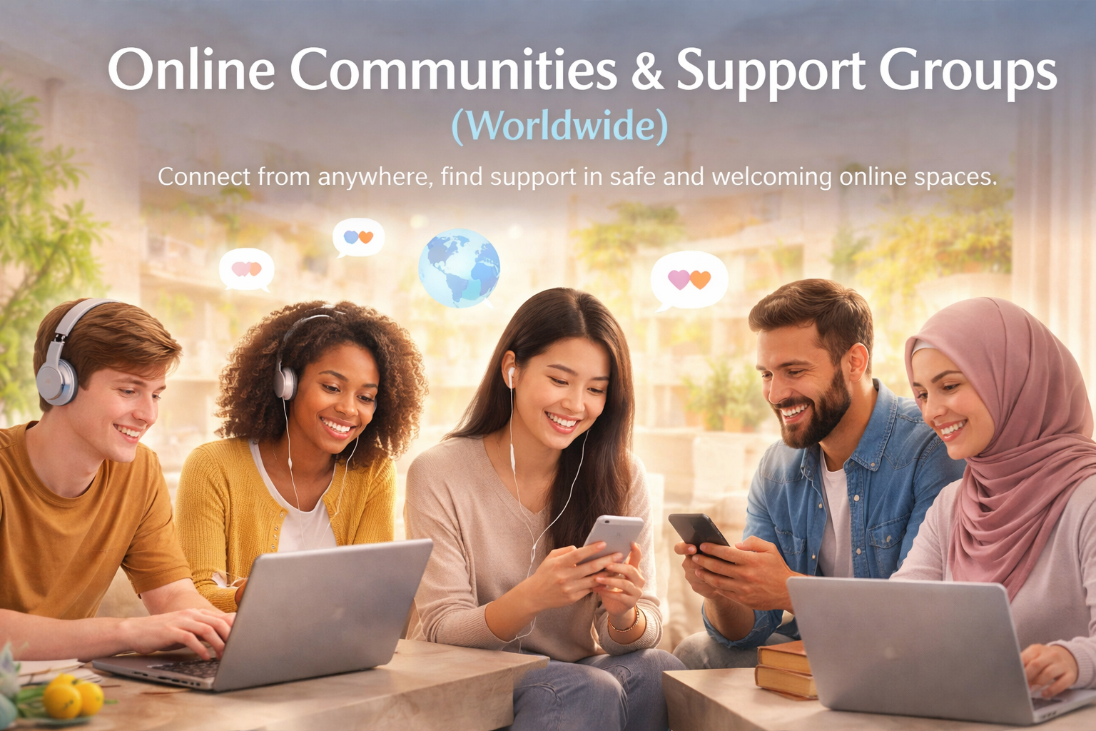 Online Communities and Support Groups Worldwide banner showing semi-realistic people connecting online in a warm and supportive setting