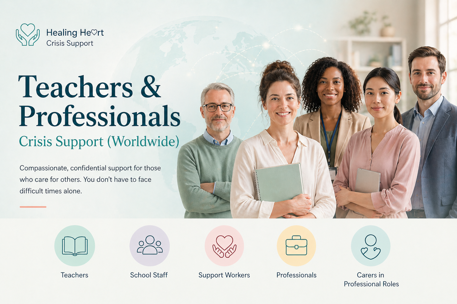 Teachers and professionals crisis support worldwide banner with semi-realistic people in helping roles