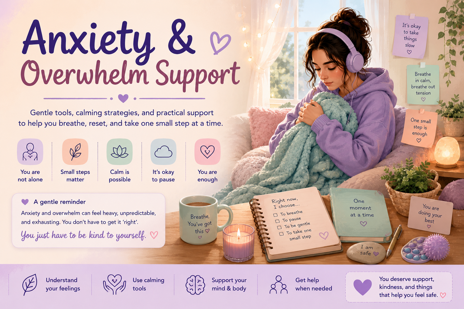 Anxiety and Overwhelm Support banner with calming tools, cozy sensory supports, and gentle reminders.