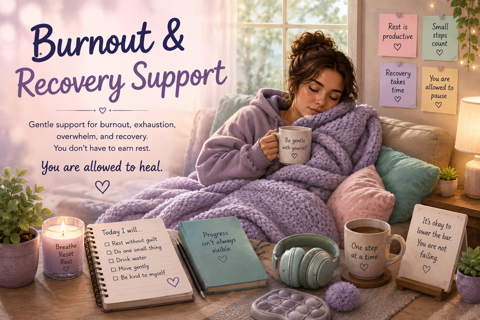 Burnout and Recovery Support banner with a cozy recovery space, blanket, journal, headphones, candle, and gentle rest reminders.