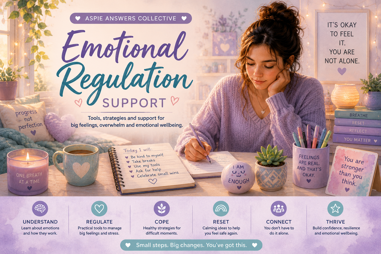 Emotional Regulation Support banner with calming tools, journaling, soft pastel colours and supportive emotional wellbeing messages