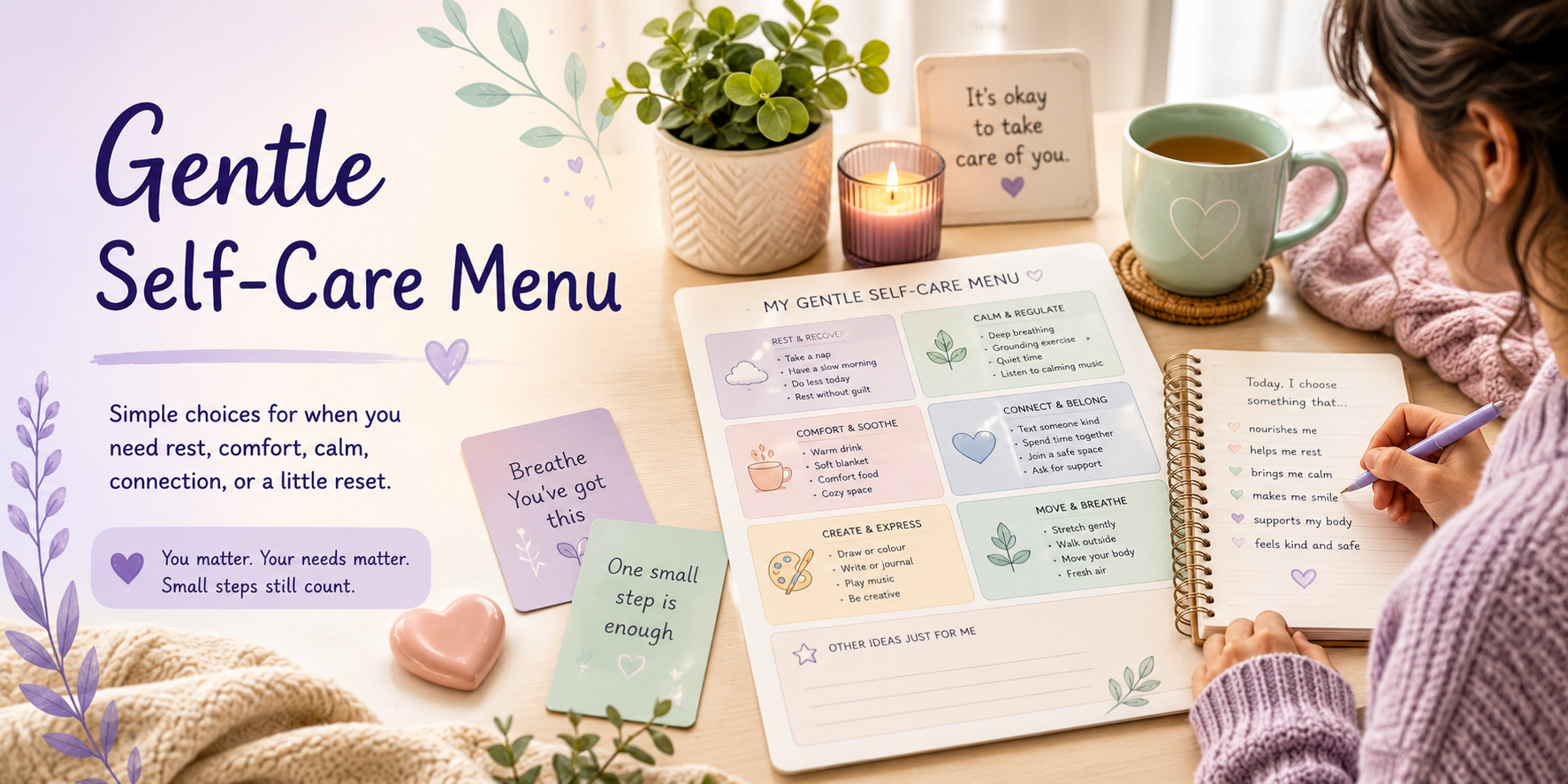 A calm pastel self-care scene with a worksheet, journal, tea, soft blanket, plant, and gentle wellbeing tools.