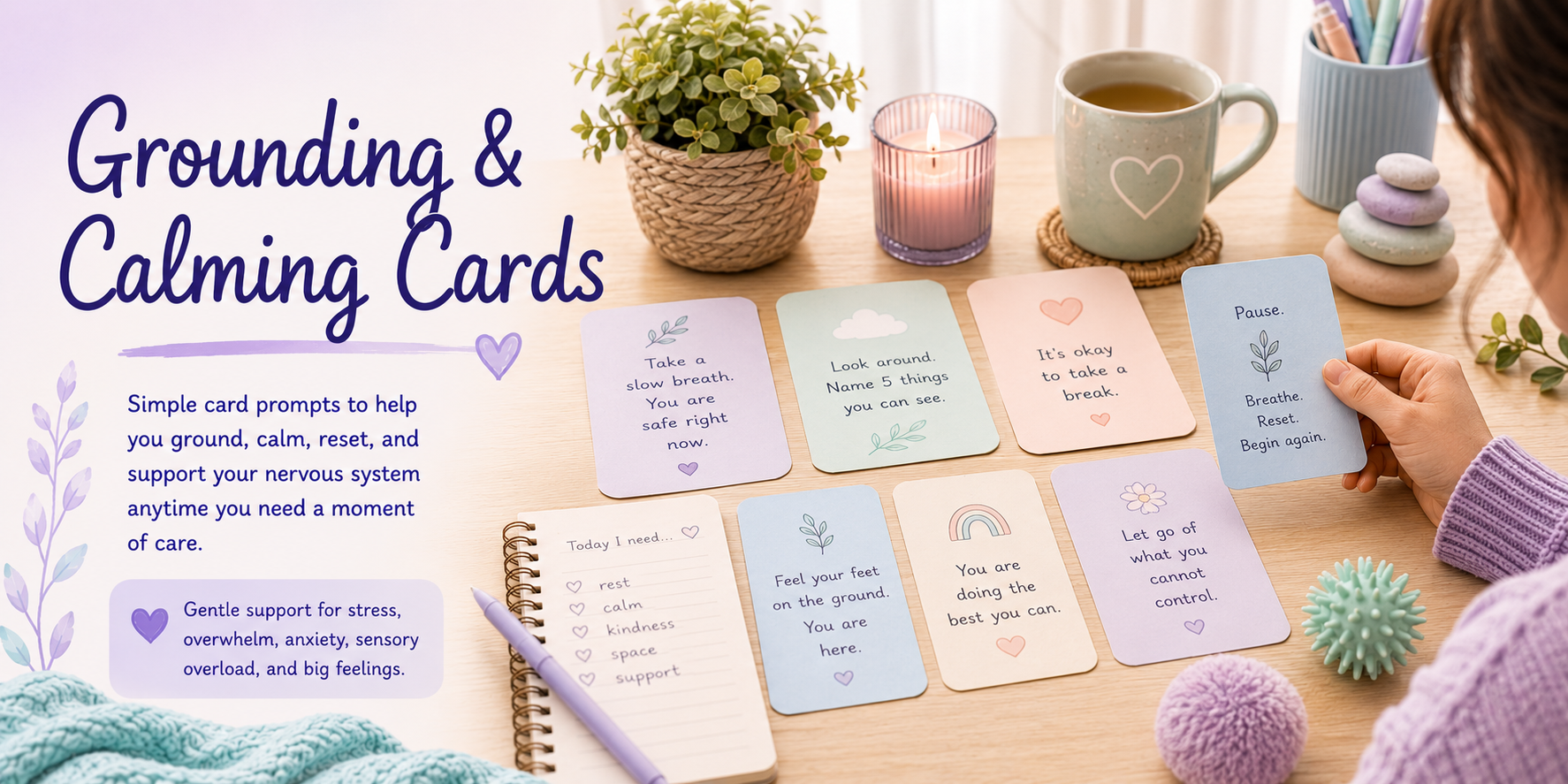 A calm pastel desk scene with grounding and calming cards, a journal, sensory tools, warm drink, plant, and gentle support items.