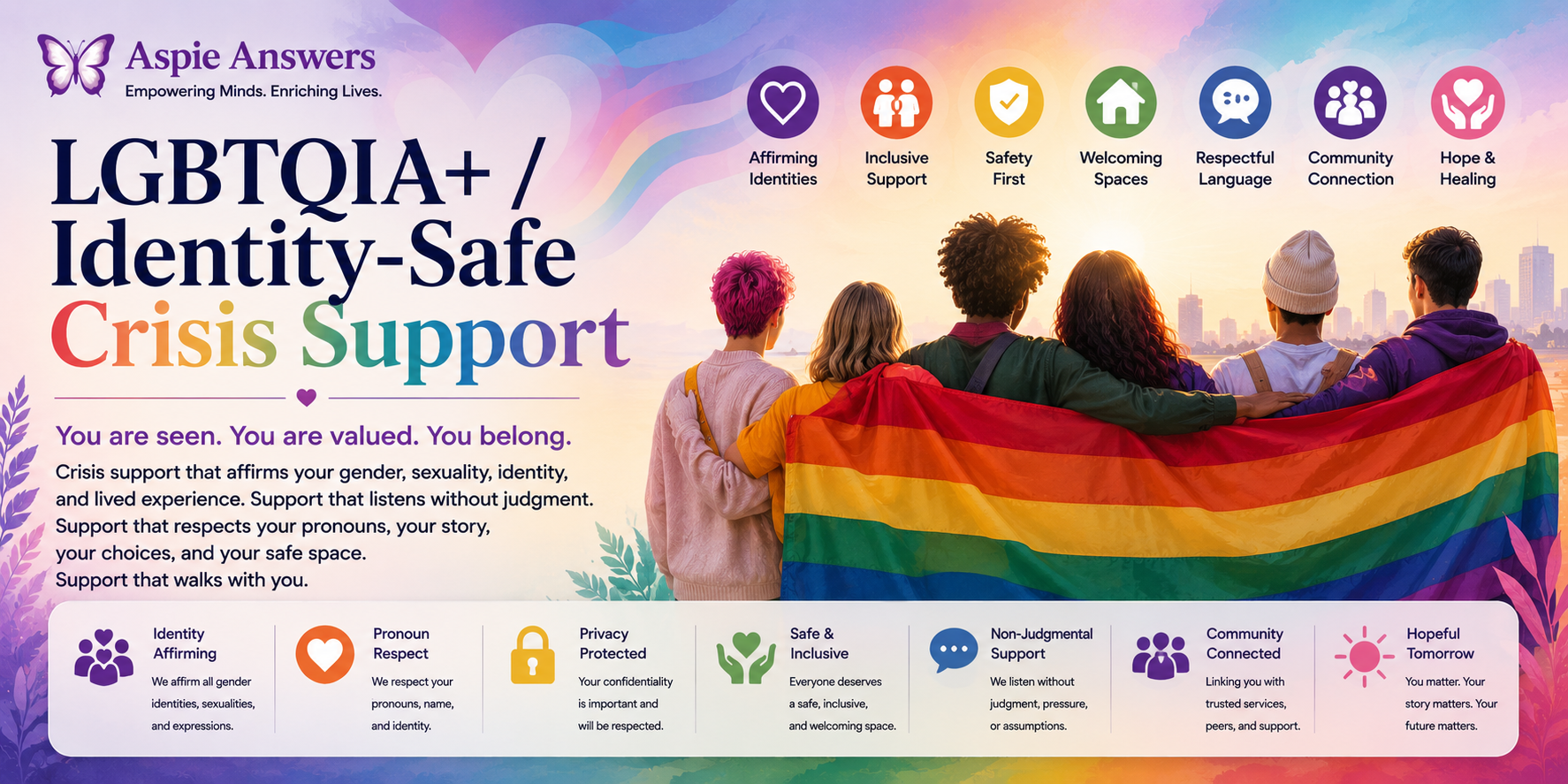 LGBTQIA+ and identity-safe crisis support banner