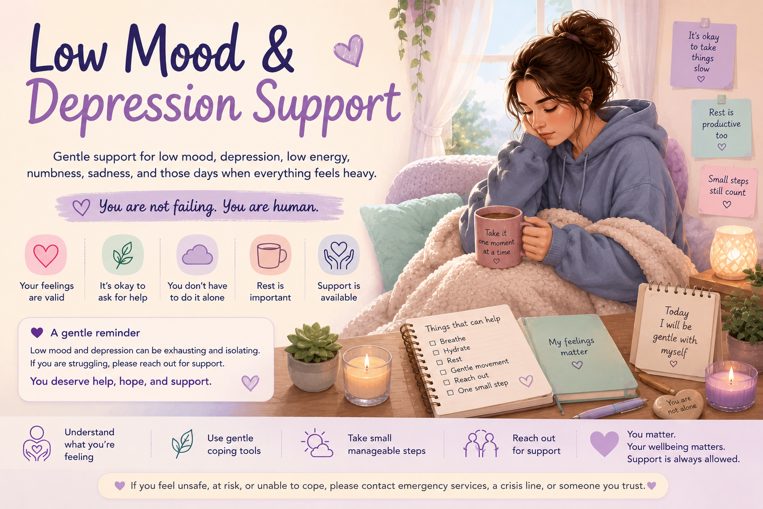 Low Mood and Depression Support banner with soft pastel wellbeing tools, comfort reminders, and gentle support messages.