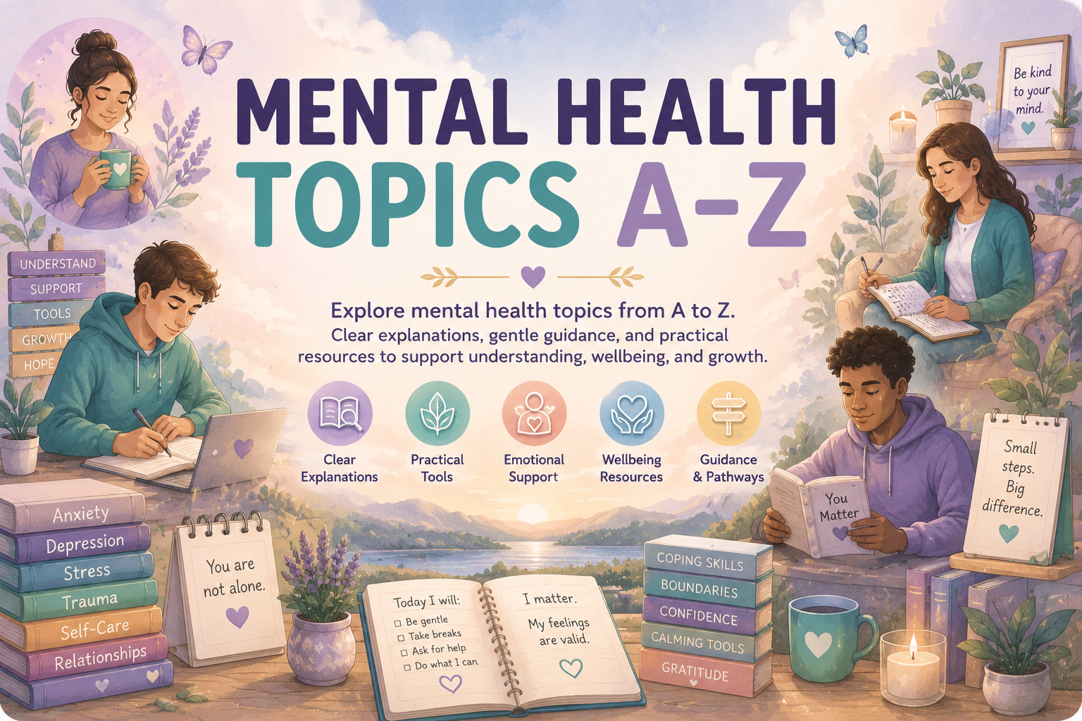 Mental Health Topics A to Z banner with calm pastel illustrations and wellbeing resources