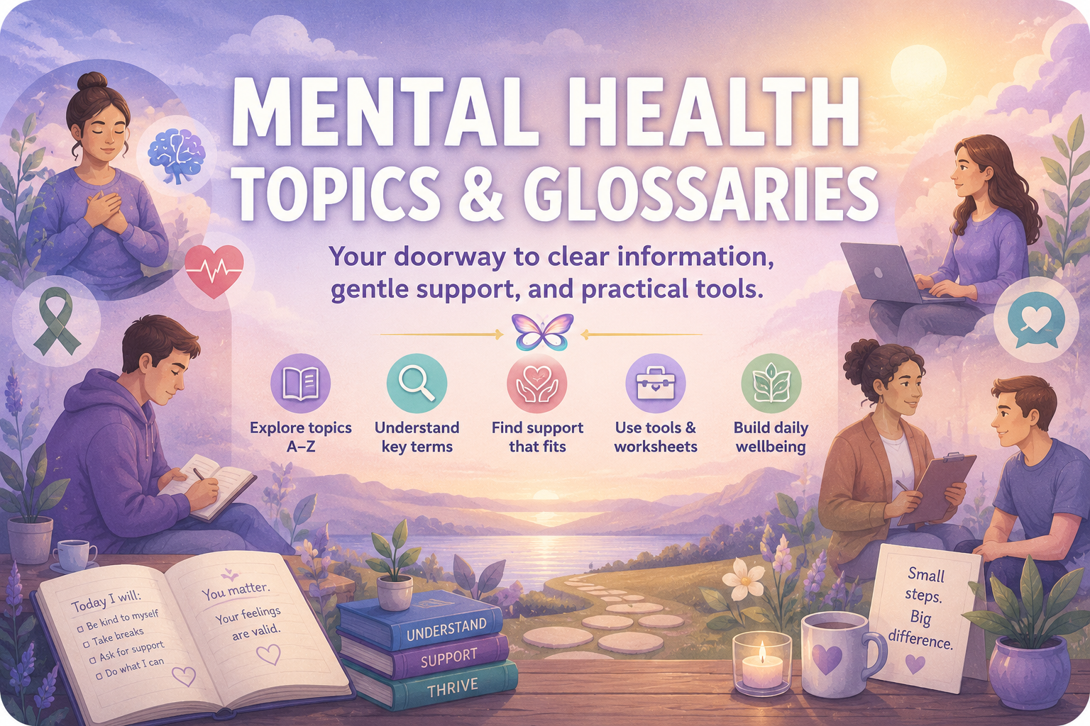 Mental Health Topics and Glossaries banner with calm pastel illustrations and support icons