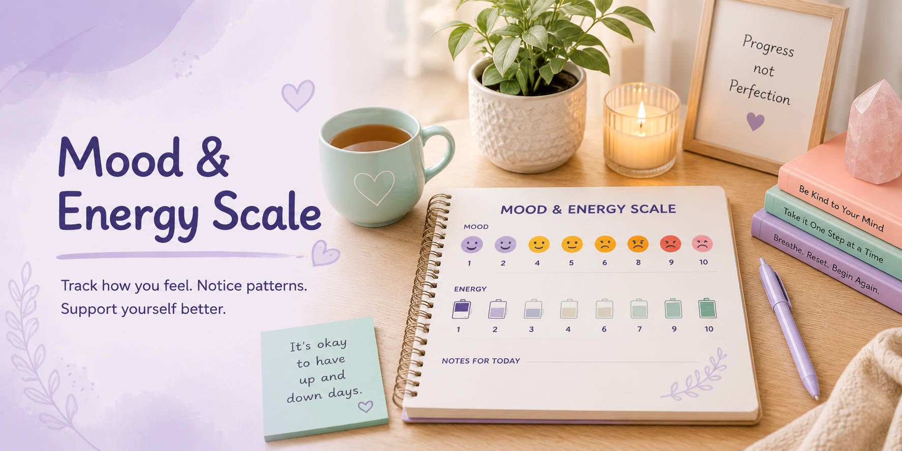 A calm pastel desk scene with a mood and energy scale worksheet, mood icons, energy symbols, notebook, pen, and gentle support tools.