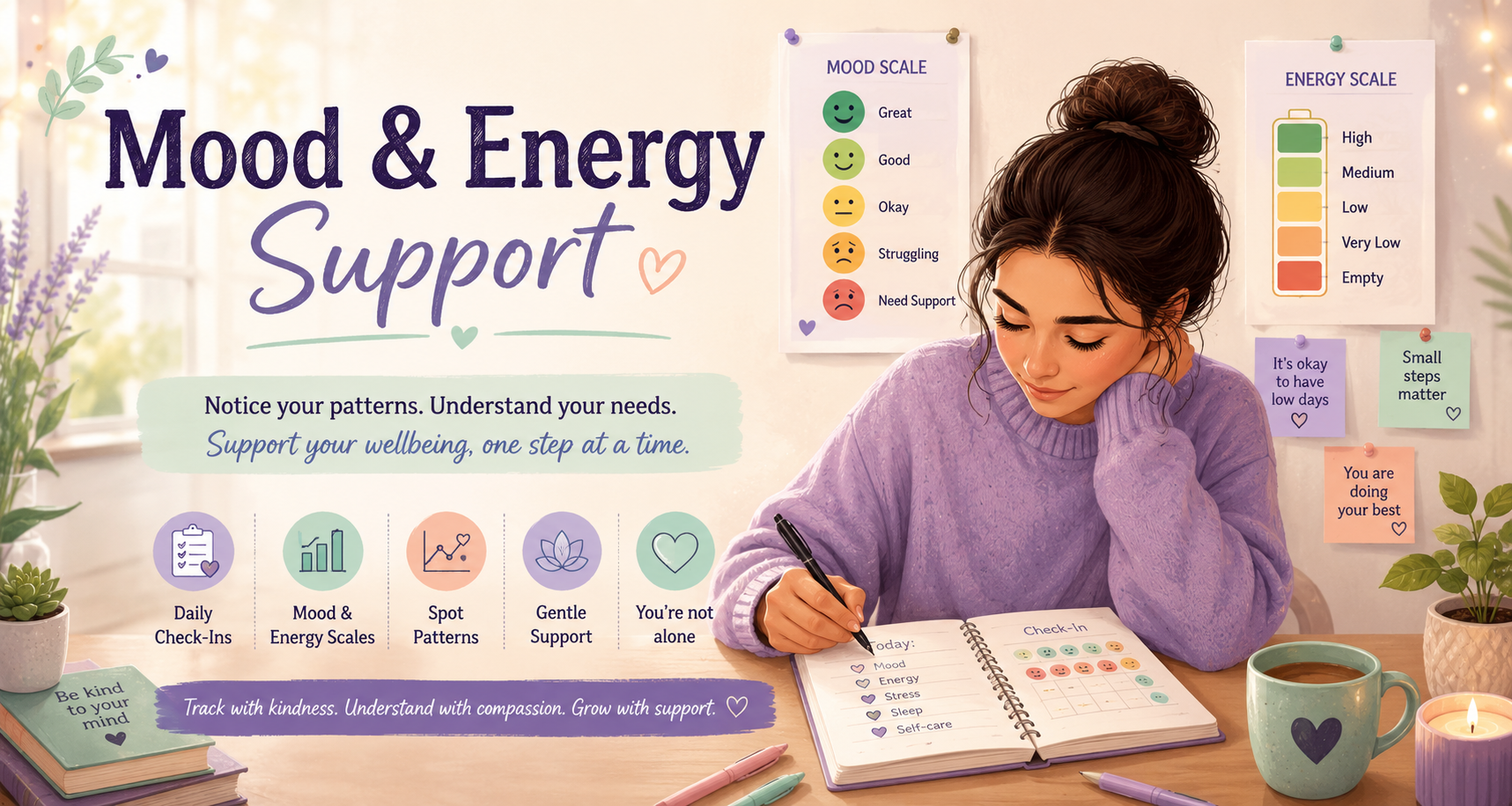 Mood and Energy Support banner with journaling, mood scale, energy scale and gentle wellbeing reminders.
