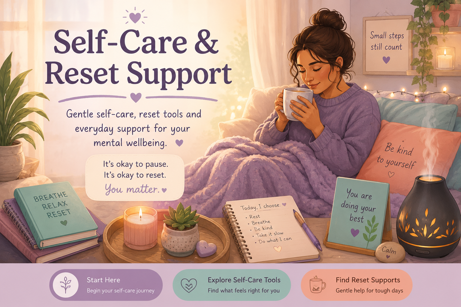 Self-Care and Reset Support banner with a calm person resting in a cozy pastel room