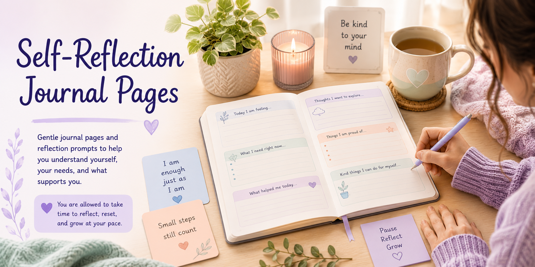A calm pastel journaling scene with an open journal, reflection prompts, pen, warm drink, plant, and gentle wellbeing tools.