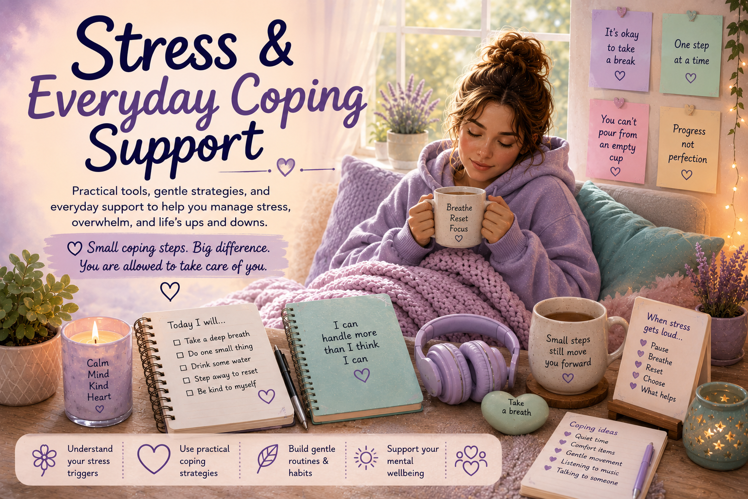 Stress and Everyday Coping Support banner with calming tools, practical coping ideas, cozy sensory supports, and gentle reminders.