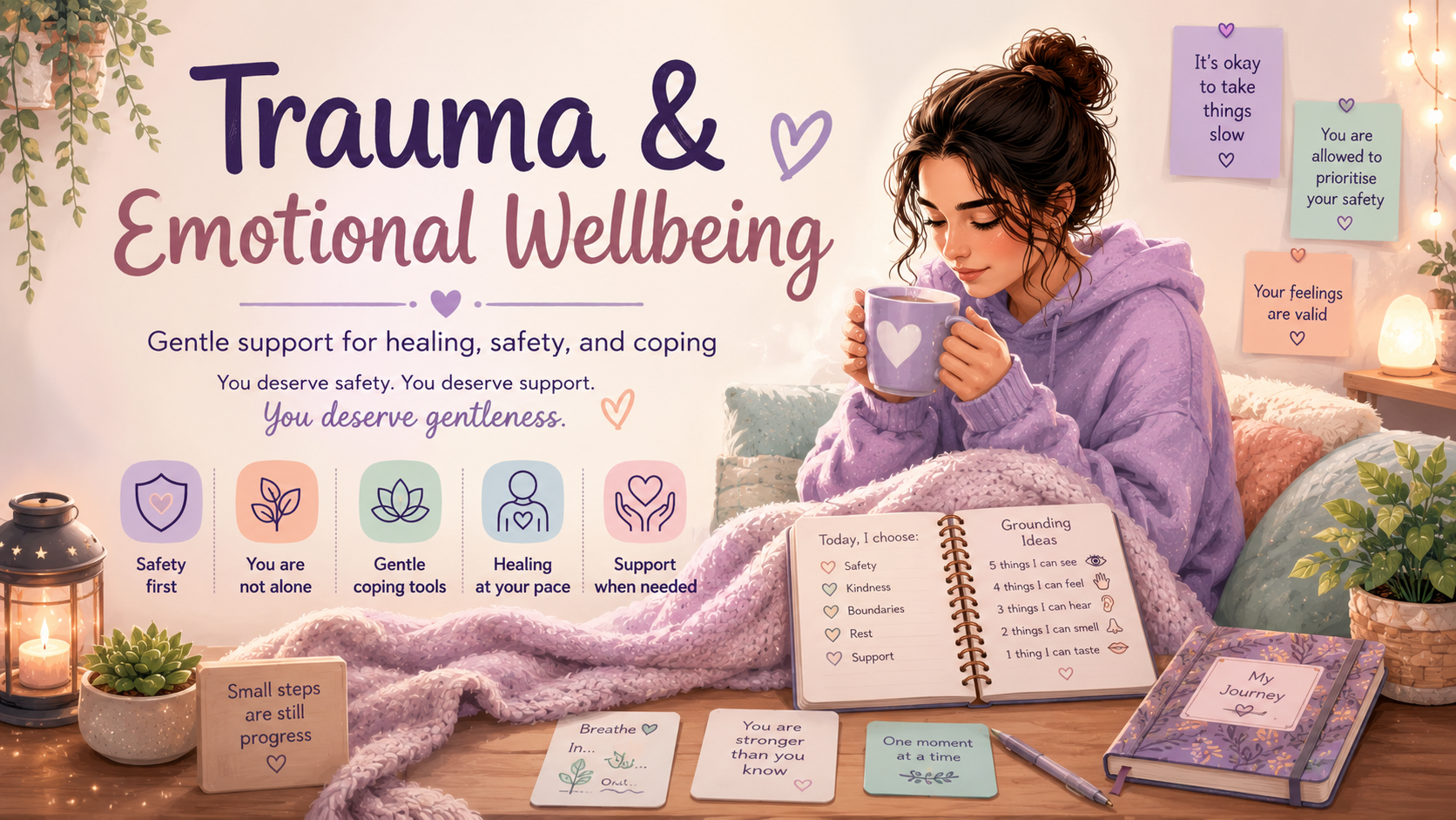Trauma and emotional wellbeing support banner with grounding tools, soft blankets, journaling and gentle support messages.