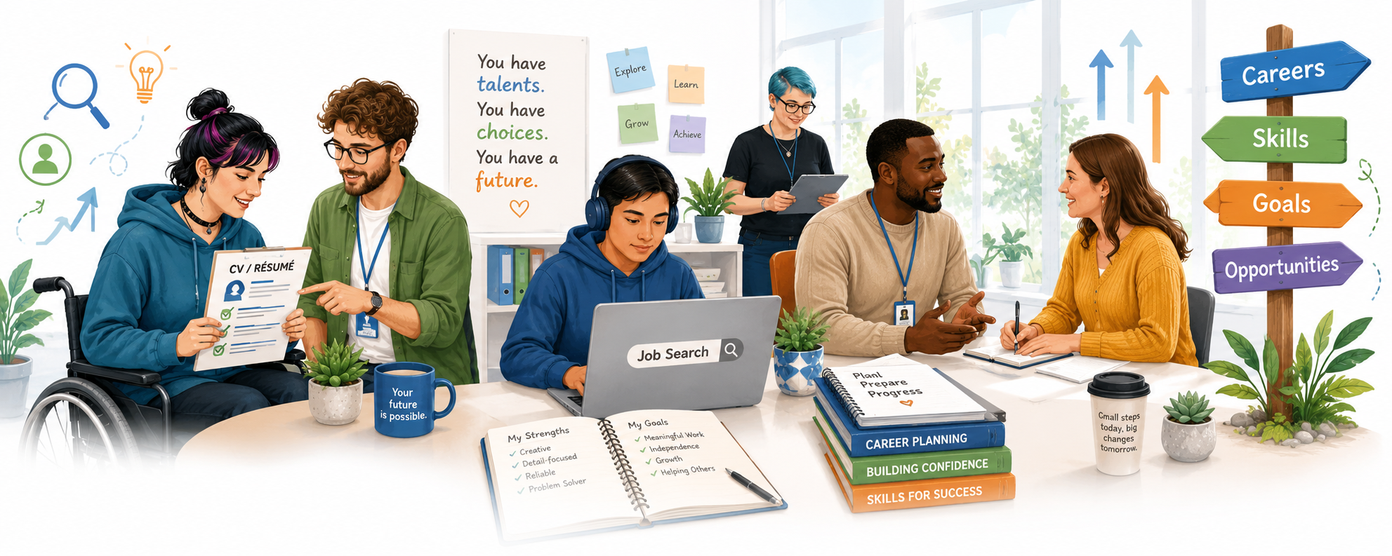 People receiving support with career planning, résumé preparation, job searching and employment goals.