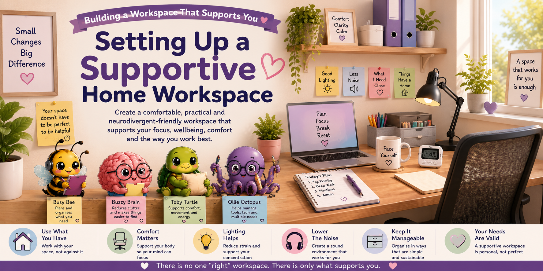 Setting up a supportive home workspace with practical organisation, comfortable seating, helpful lighting, sensory supports and Aspie Answers companions.