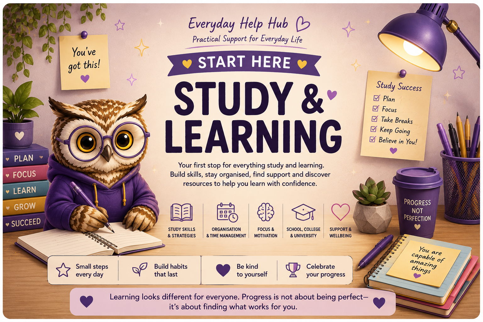Start Here Study and Learning banner featuring Olive Owl, study planning tools, encouraging messages and learning support topics.