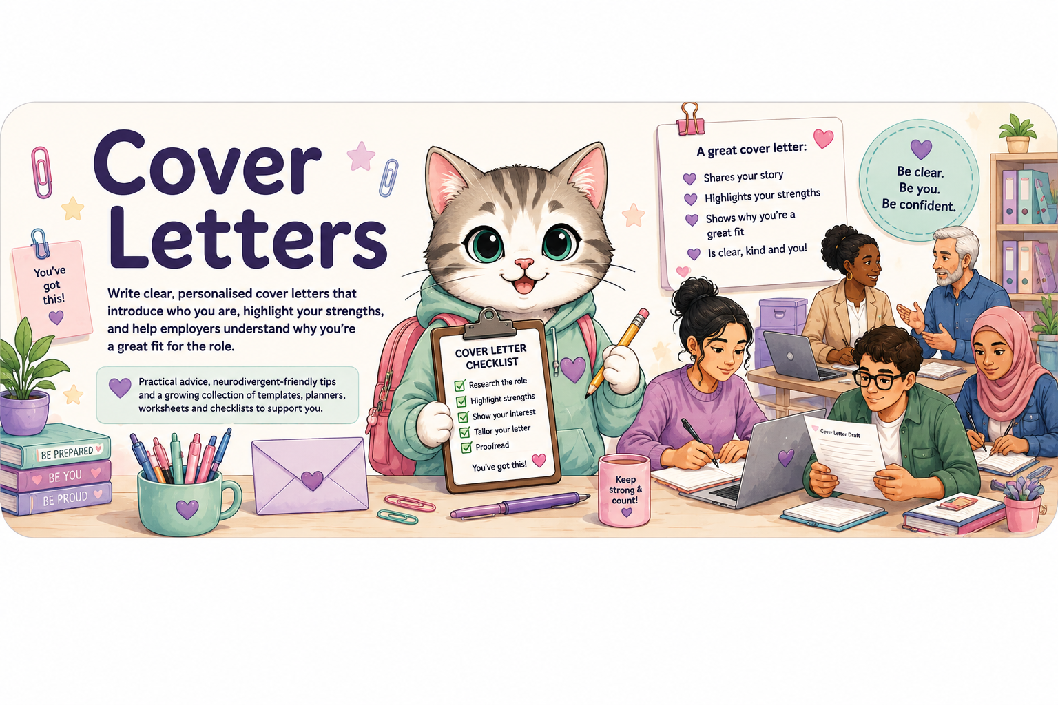 Cover Letters guide featuring Checklist Cat and people preparing personalised cover letters.