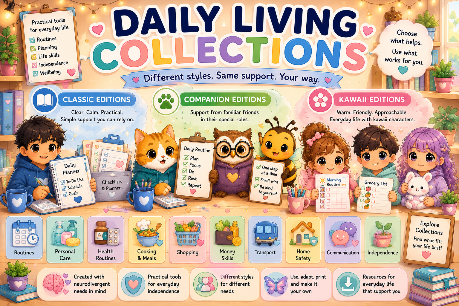 Daily Living Collections with Classic, Companion and Kawaii editions for practical everyday support