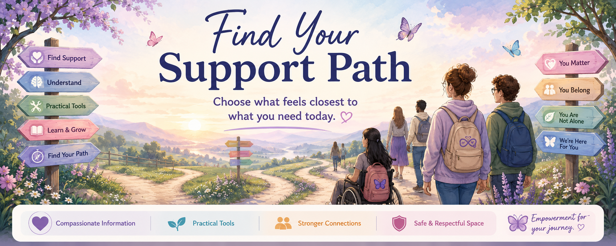 Find Your Support Path. Choose what feels closest to what you need today. A calm illustrated pathway with signs for support, understanding, practical tools, learning, belonging and encouragement.