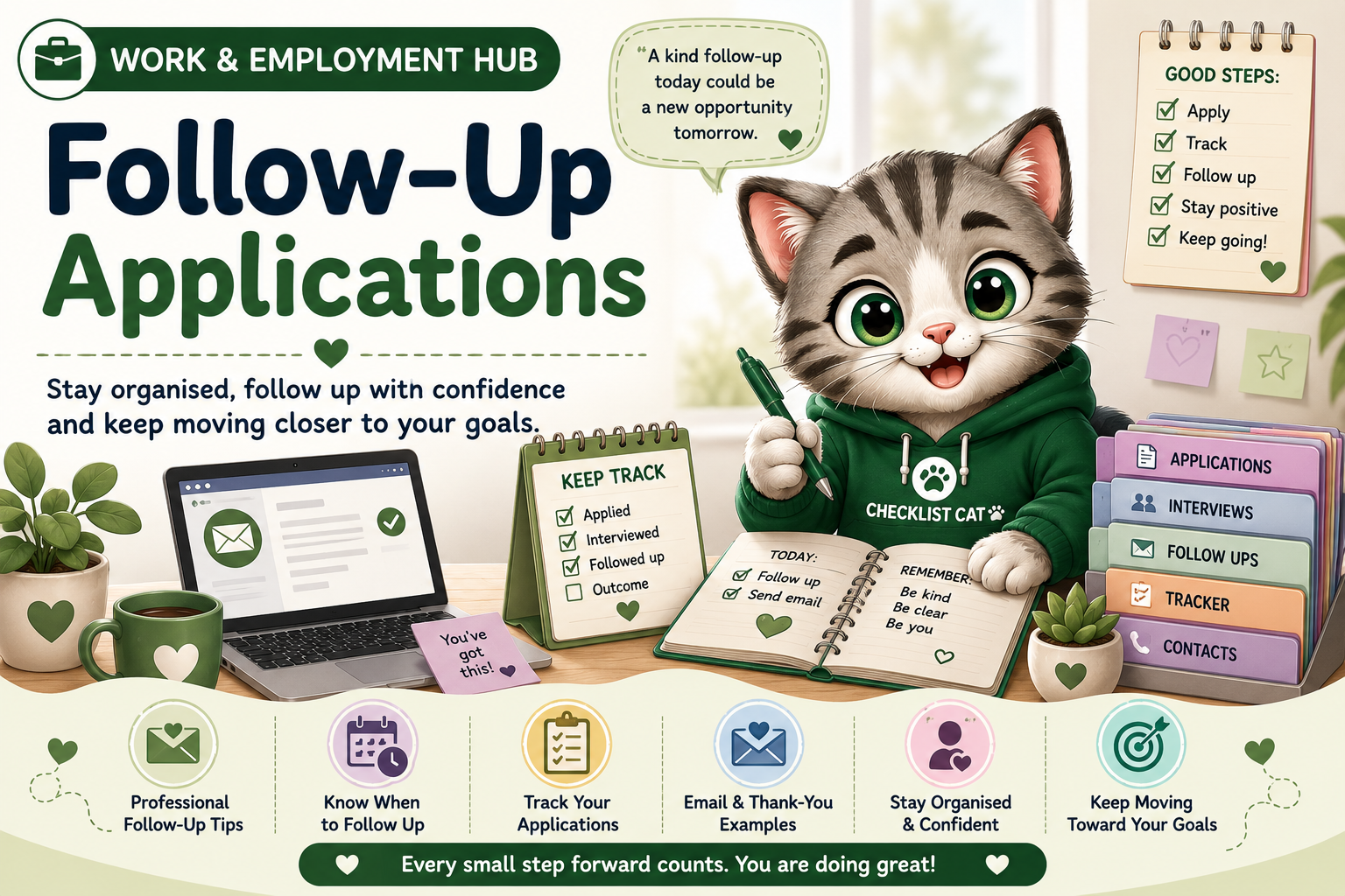 Follow-Up Applications banner featuring Checklist Cat in a green hoodie