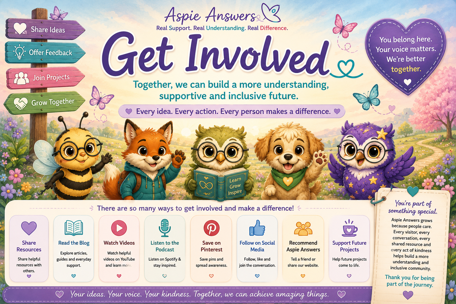 Get Involved with Aspie Answers: share ideas, offer feedback, join projects, grow together and support an inclusive community.