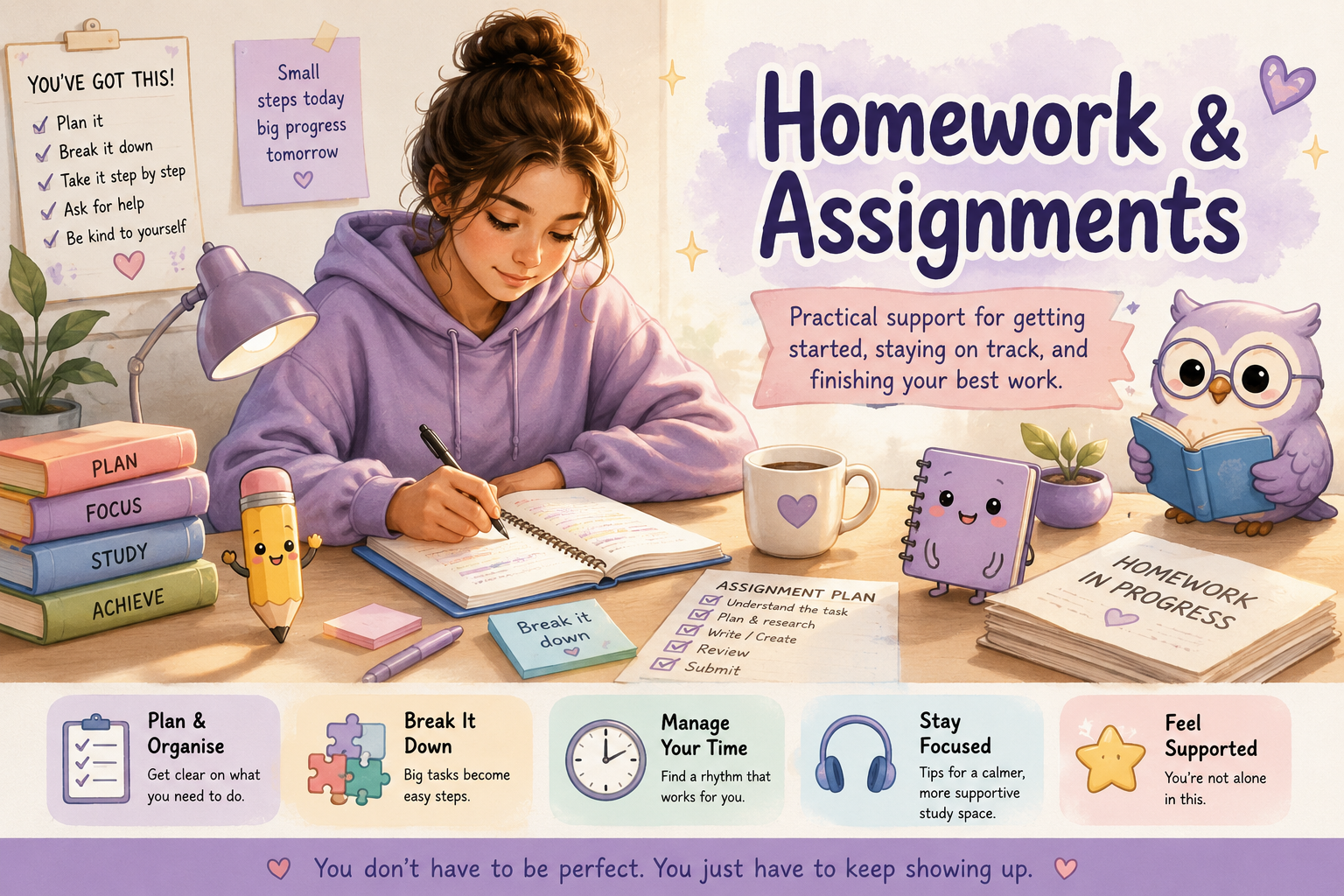 Homework and Assignments practical support for planning, breaking down tasks, managing time and staying focused