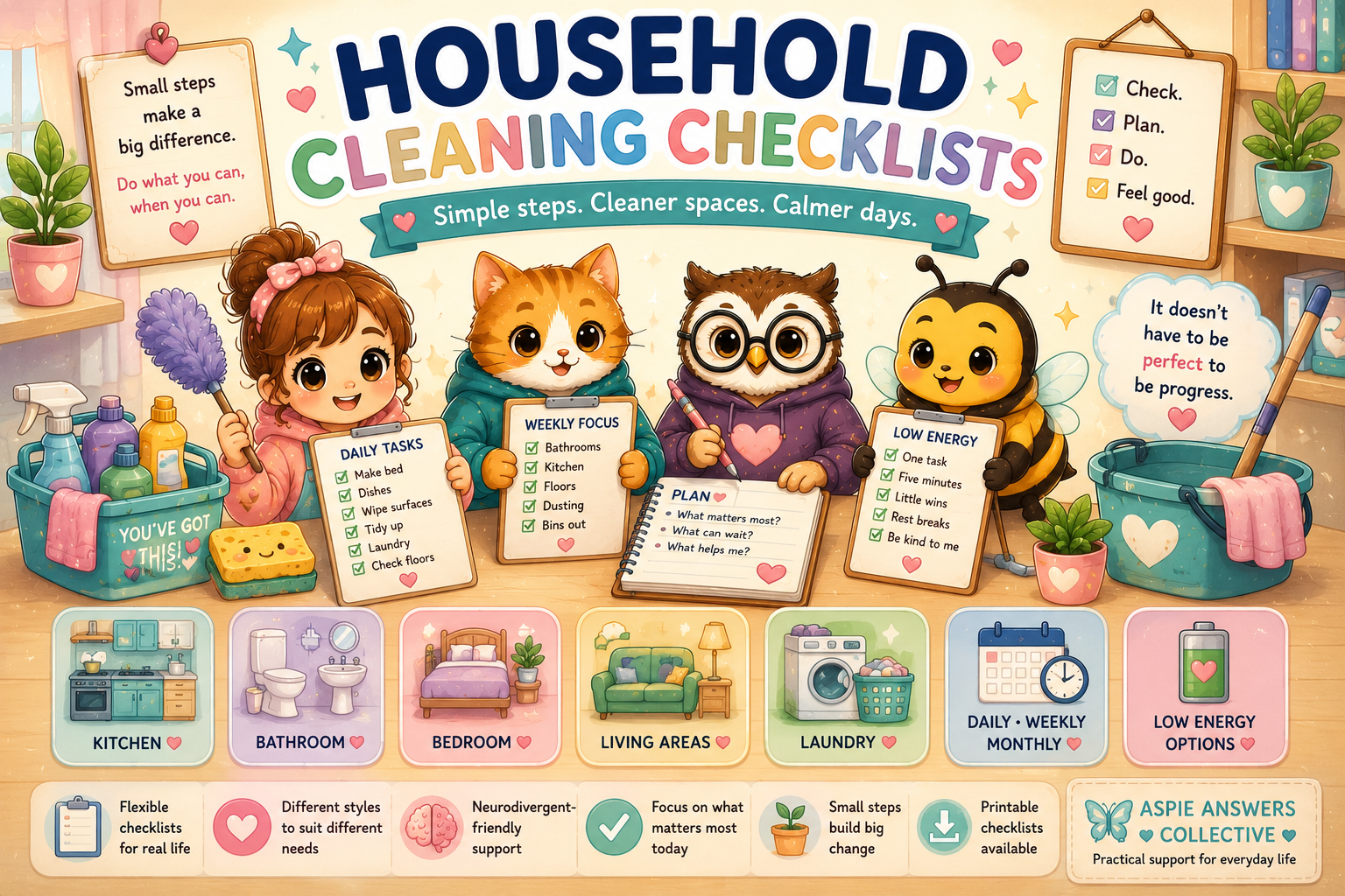 Household Cleaning Checklists with practical, neurodivergent-friendly cleaning support