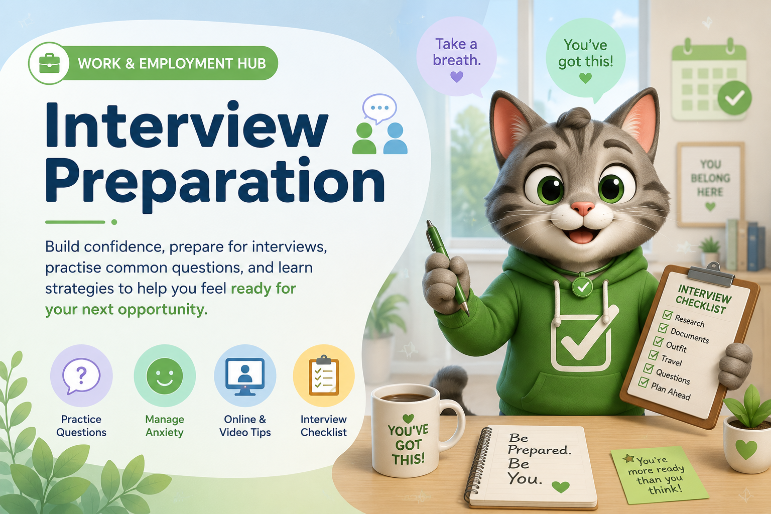 Interview Preparation banner featuring Checklist Cat holding an interview checklist