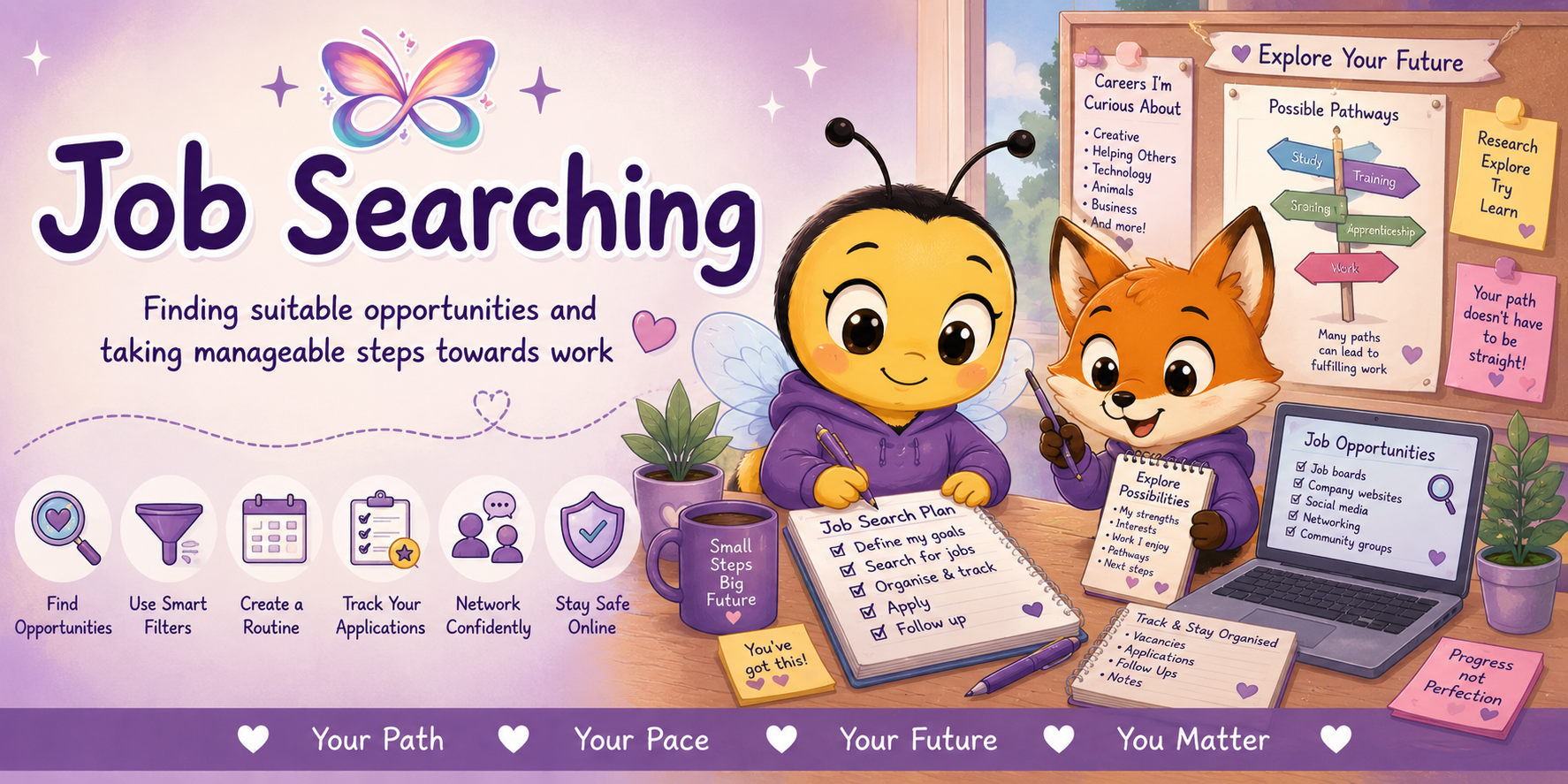 Job Searching – finding suitable opportunities and taking manageable steps towards work with Busy Bee and Finn Fox