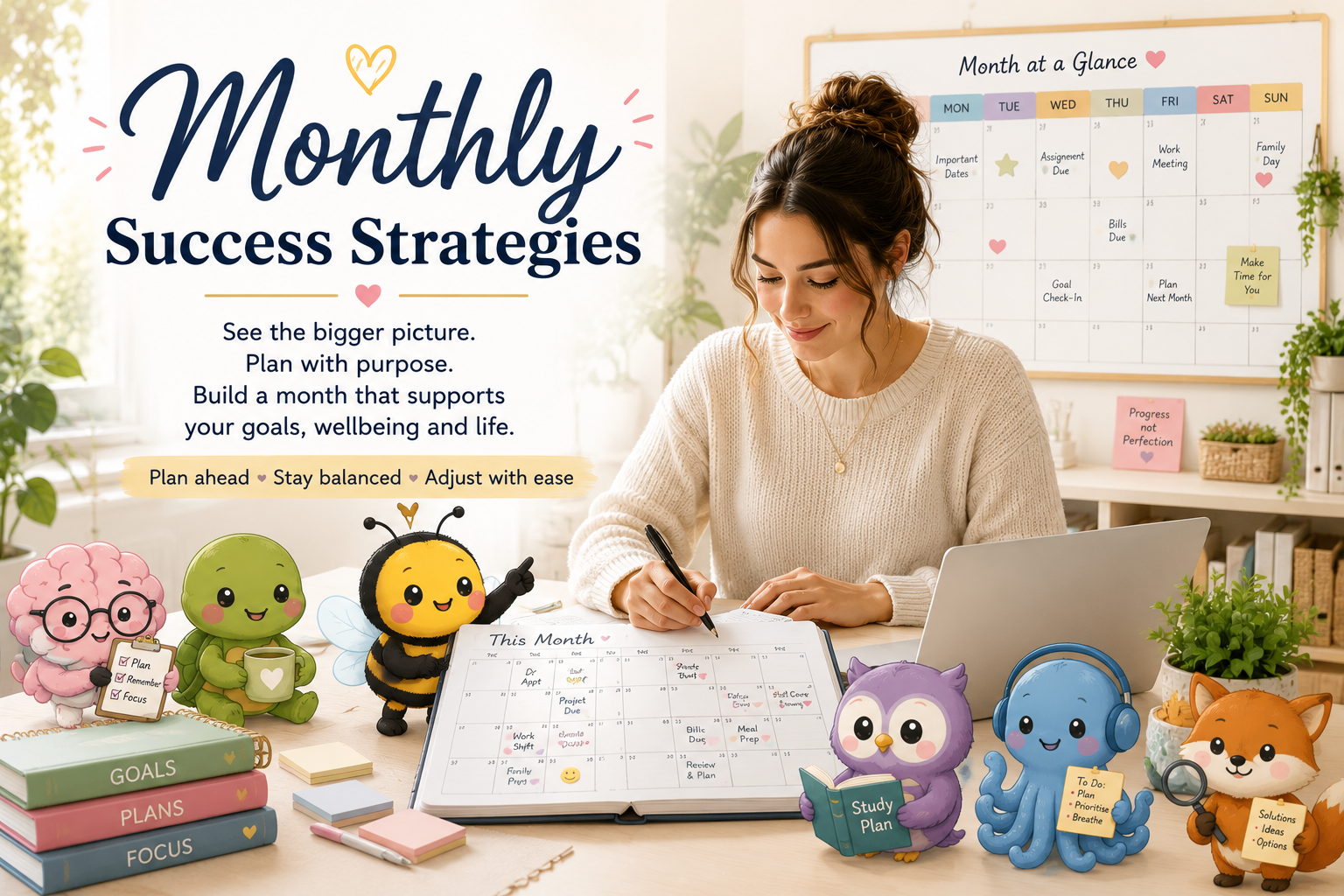 Monthly Success Strategies with a person planning their month and the Aspie Answers companions