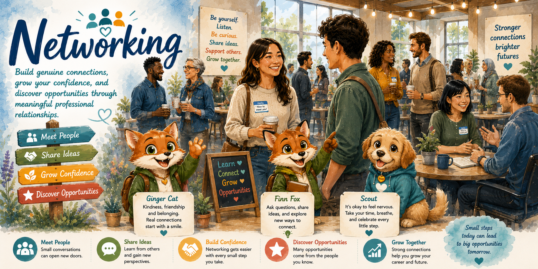 Networking banner showing people building professional connections with supportive Aspie Answers characters