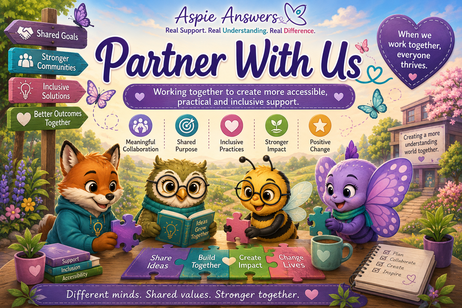 Partner With Us at Aspie Answers: shared goals, inclusive solutions and stronger communities through meaningful collaboration.