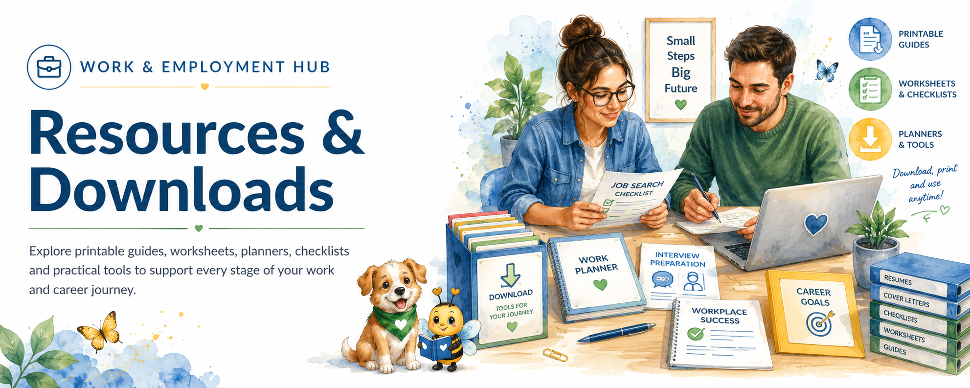 Work and Employment Resources and Downloads banner showing people using printable guides, planners and checklists