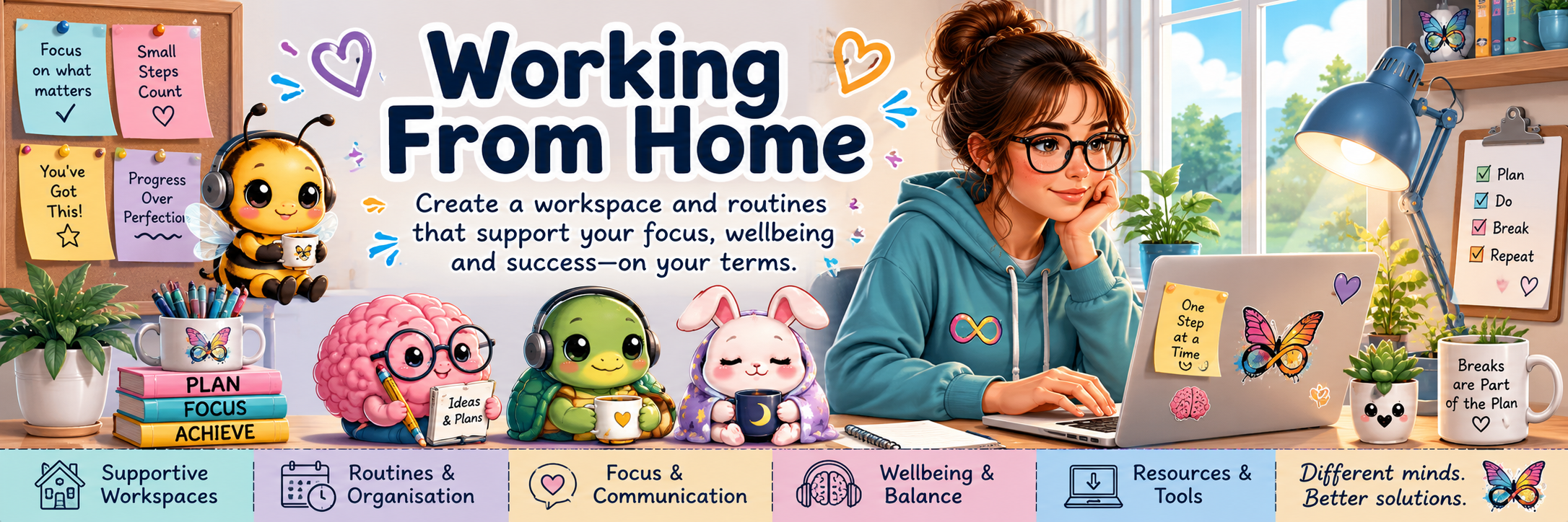 Working From Home guide with a supportive home workspace, planning companions, routines, wellbeing and practical tools.
