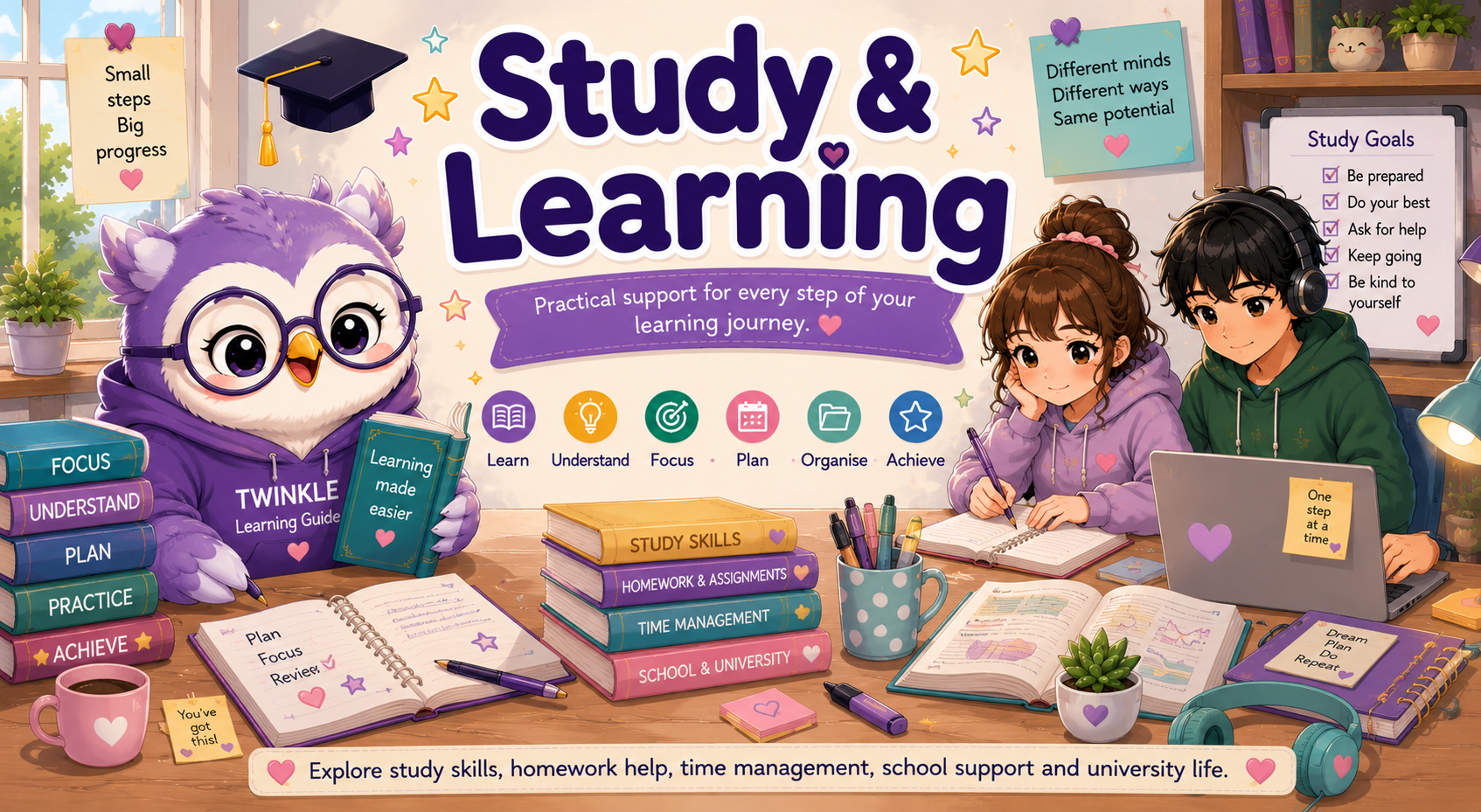 Study and Learning practical support with Twinkle Owl, students and learning tools