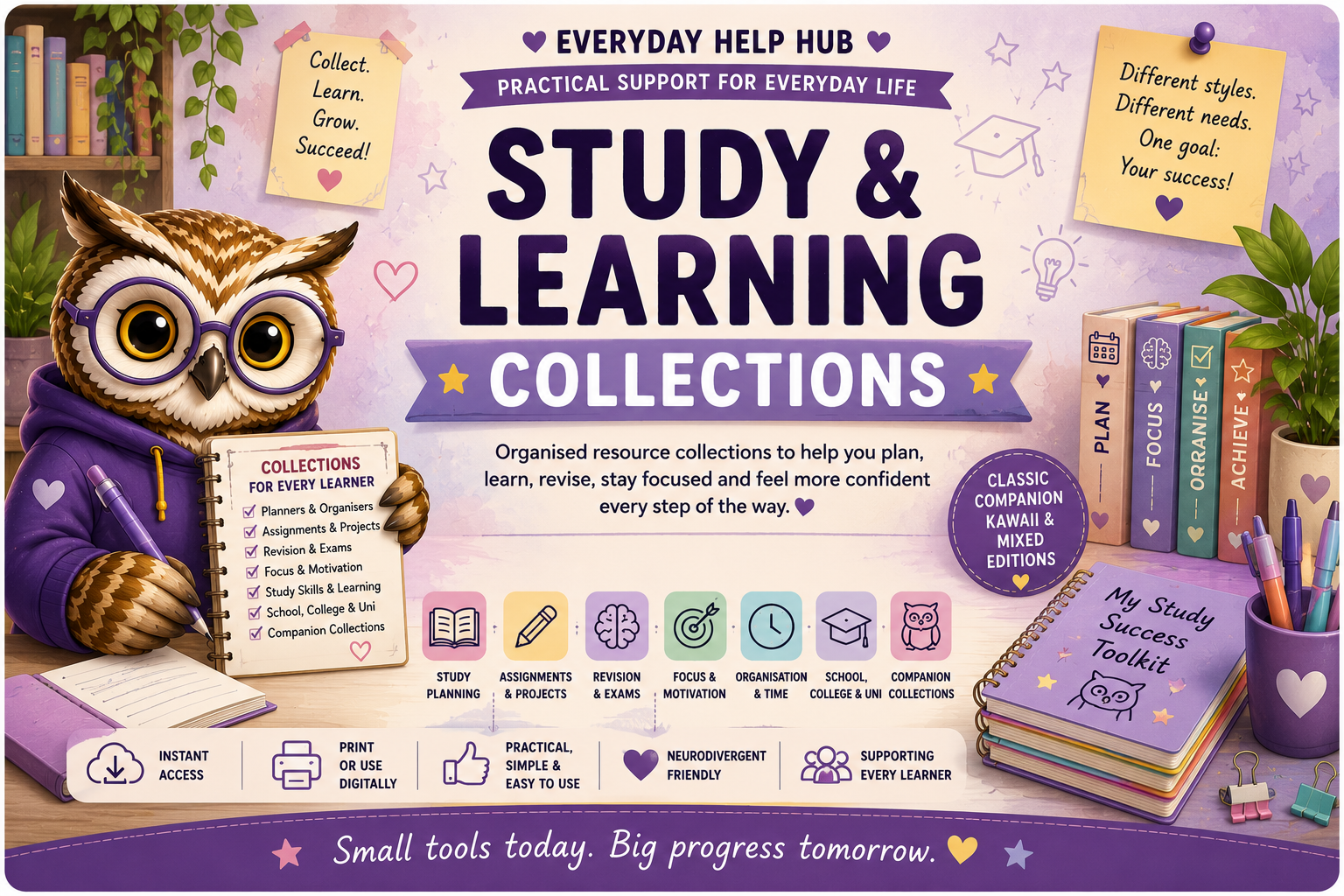 Study and Learning Collections banner featuring Olive Owl, organised study resources, planners, revision tools and collection editions.