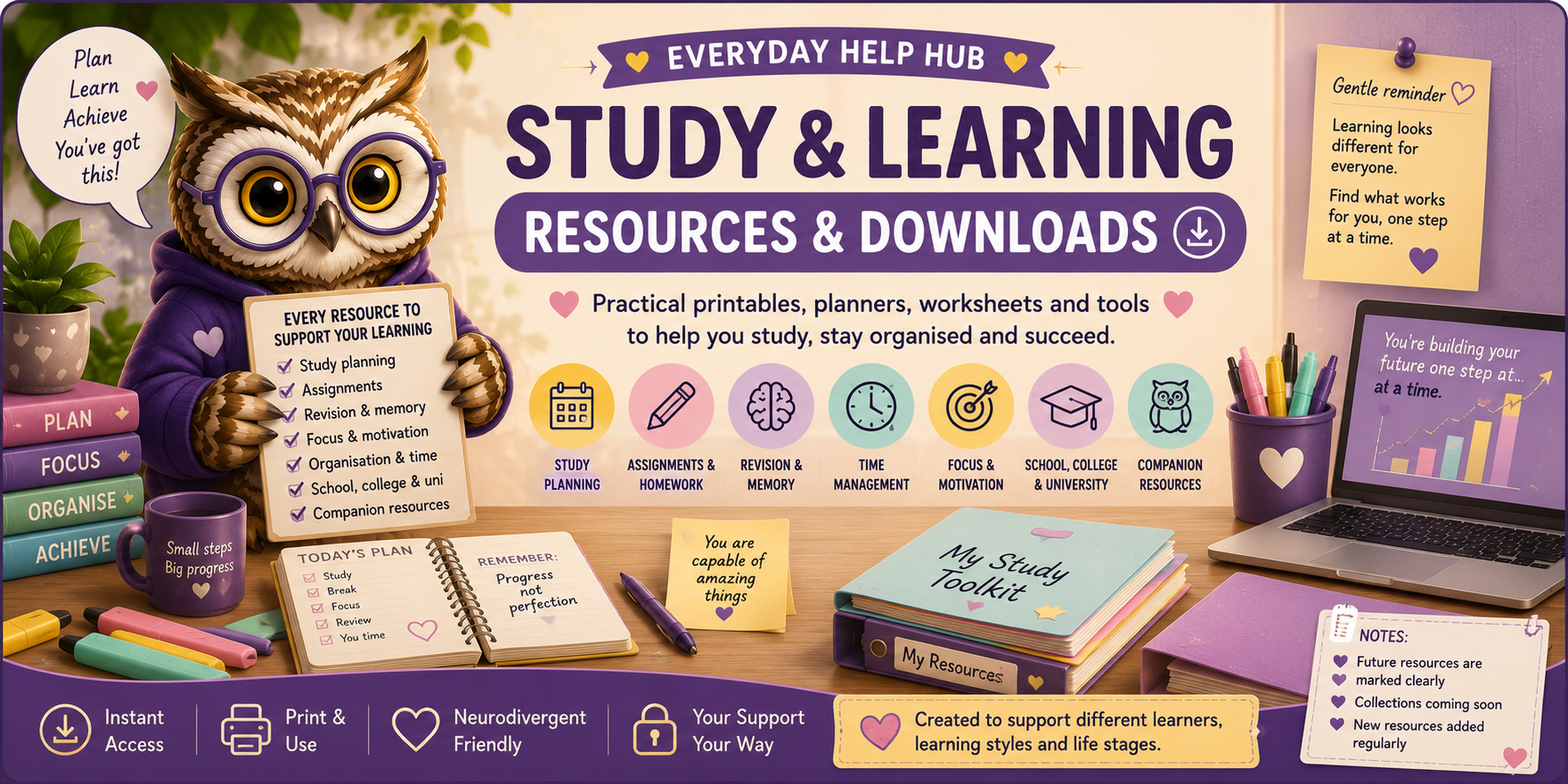 Study and Learning Resources and Downloads banner featuring Olive Owl, planners, worksheets, study tools and supportive learning resources.