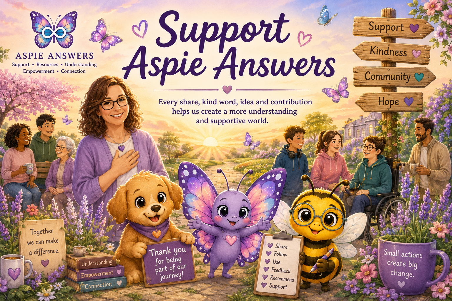 Support Aspie Answers through kindness, community, sharing, learning and practical support.