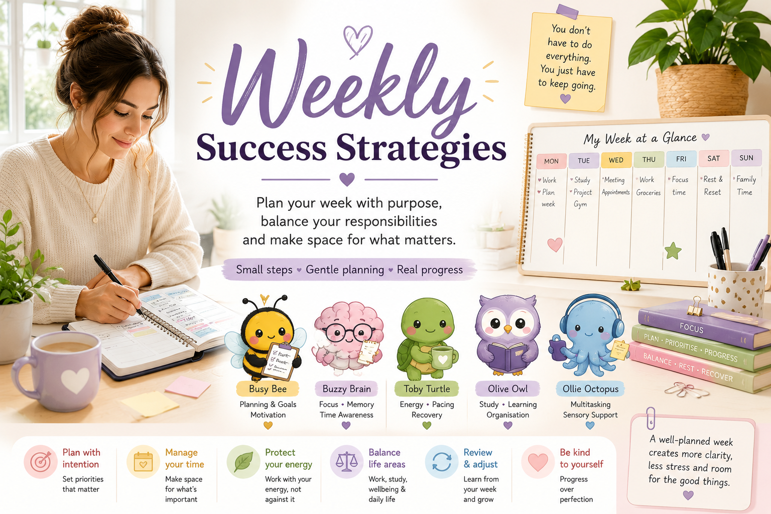Weekly Success Strategies with a person planning their week and Aspie Answers companions