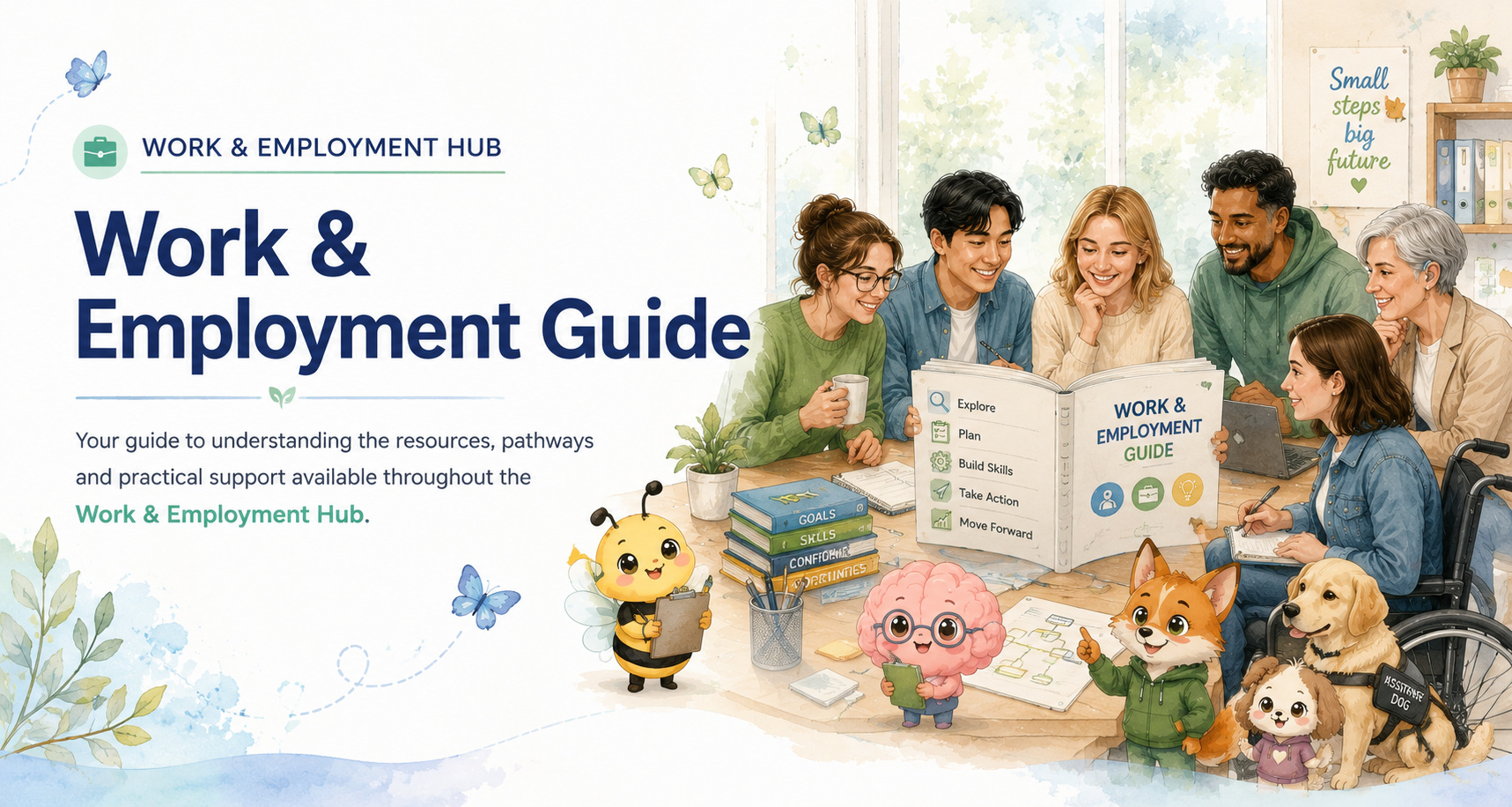 Work and Employment Guide banner showing a diverse group exploring employment resources with friendly companion guides