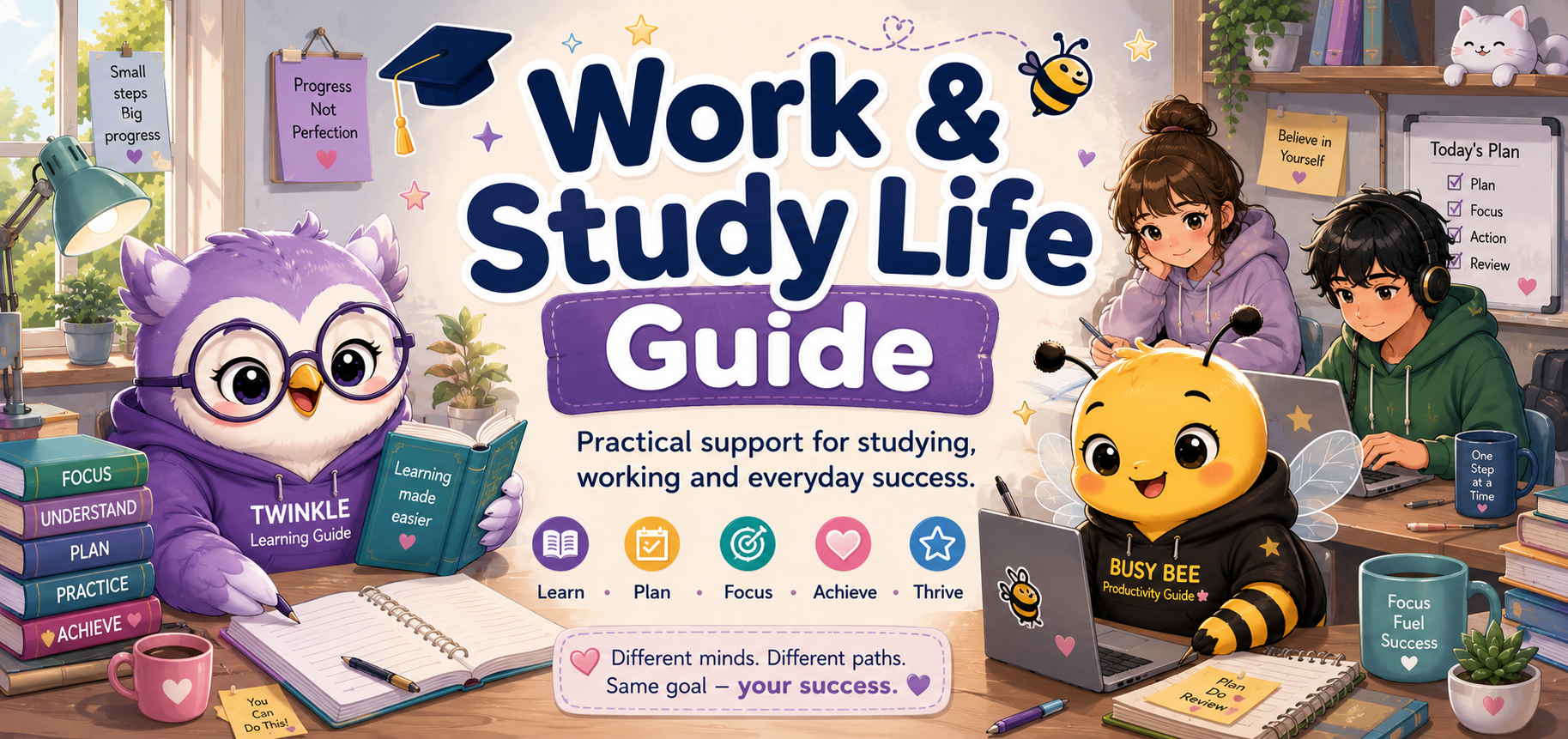 Work and Study Life Guide with Twinkle Owl and Busy Bee supporting learning, work and everyday success