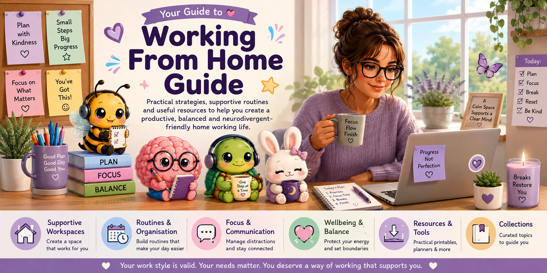 Working From Home Guide with a supportive home office, planning companions, routines, focus, wellbeing and practical resources.