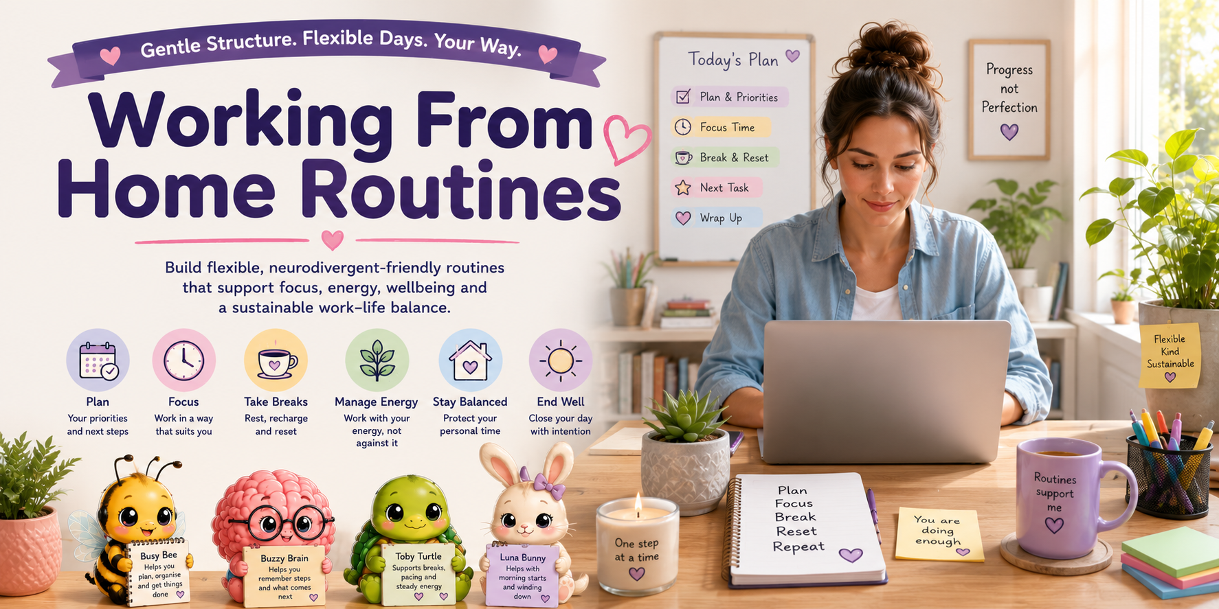 Working From Home Routines with flexible planning, focus, breaks, energy management and Aspie Answers companions.