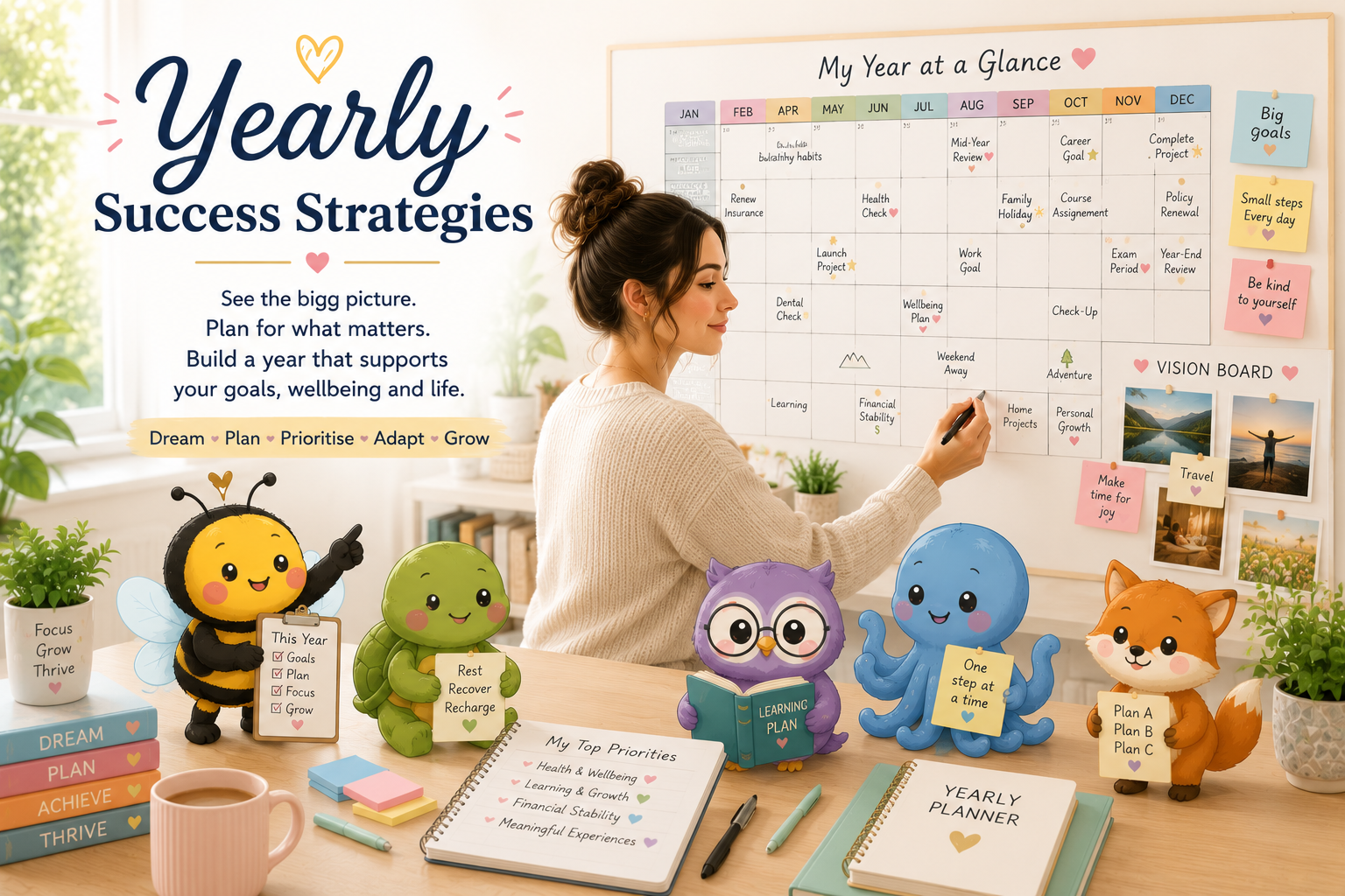 Yearly Success Strategies featuring a person planning the year with the Aspie Answers companions