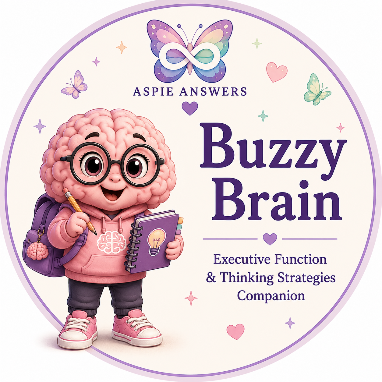 Buzzy Brain, the pink Aspie Answers Companion for executive function, focus and working memory.