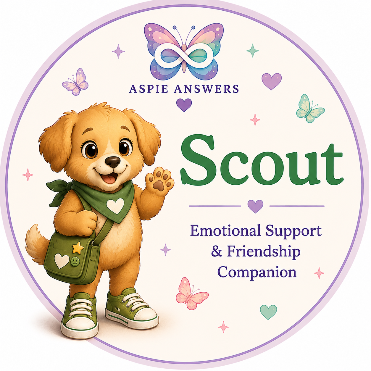 Scout Dog, Aspie Answers feelings and emotional regulation Companion.