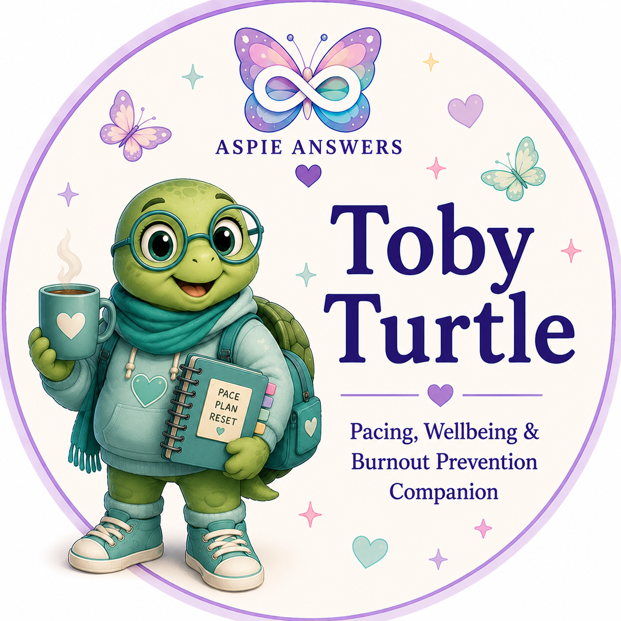 Toby Turtle, the teal-green Aspie Answers Companion for pacing, energy and burnout prevention.